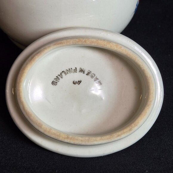 Vintage Arabia Sugar Bowl w Lid Finland Vintage Orange Poppy Red Yellow Suomi 3" - Picture 5 of 11